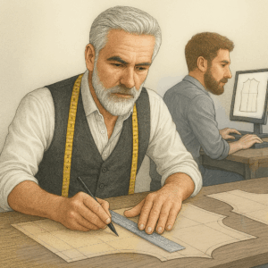 Dos generaciones de patronistas trabajando: uno dibuja a mano un patrón base, el otro lo desarrolla en ordenador.