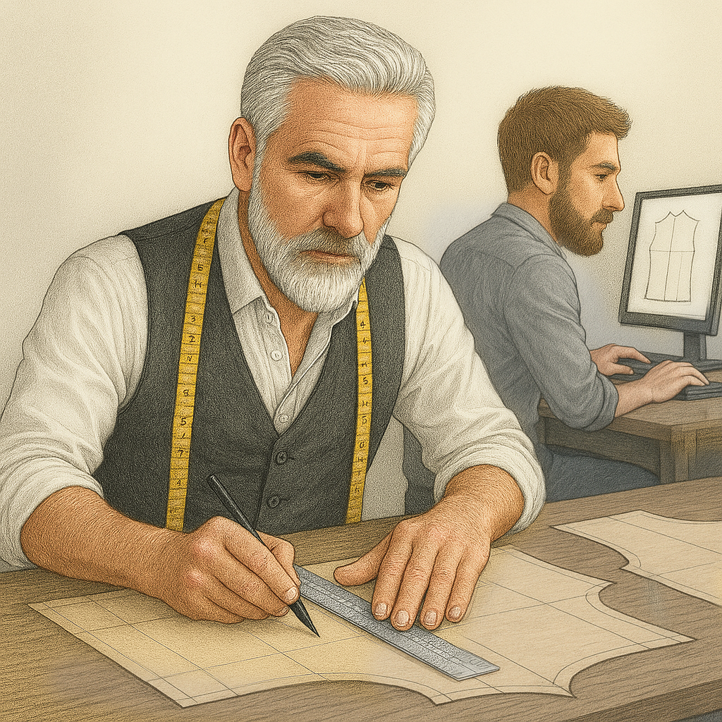 Dos generaciones de patronistas trabajando: uno dibuja a mano un patrón base, el otro lo desarrolla en ordenador.