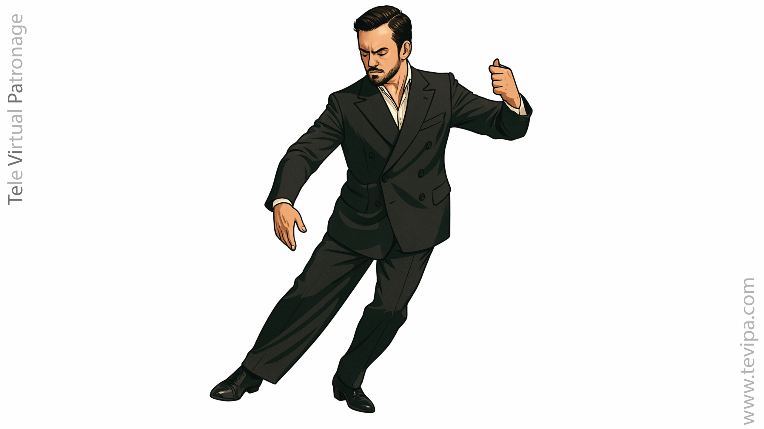 Pantalón tanguero - Hombre con traje negro y zapatos de baile, en pose de tango sobre fondo blanco