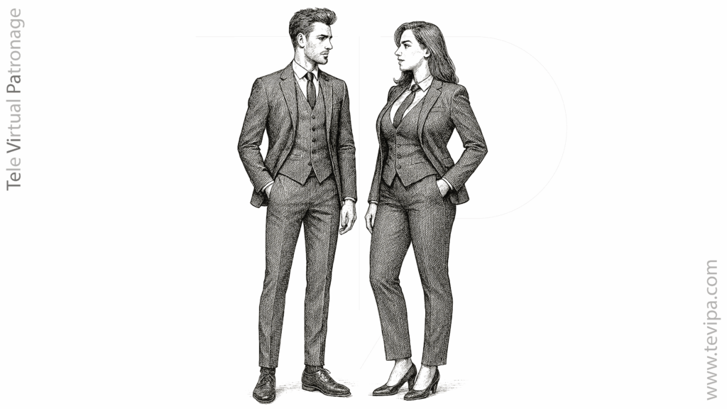 Dibujo de un hombre y una mujer con trajes de sastrería