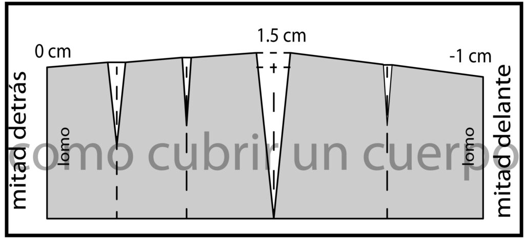 Patrón base masculino con corrección de la línea de cintura, elevando 1,5 cm en el centro y bajando 1 cm en el delantero