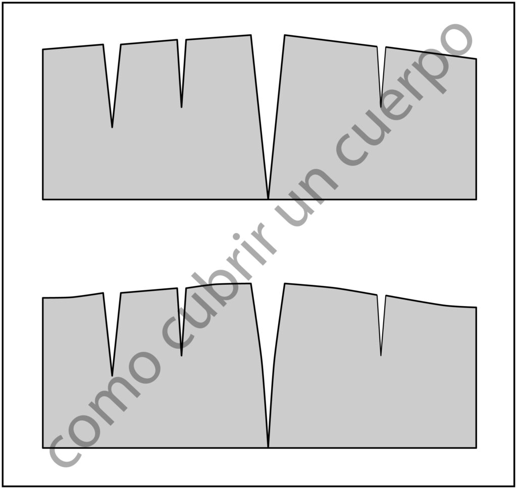 Comparativa del patrón con líneas rectas y su versión corregida con curvas anatómicas en cintura y cadera