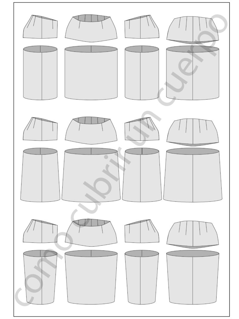 Comparación del desarrollo de la falda: recta, entubada y evasée
