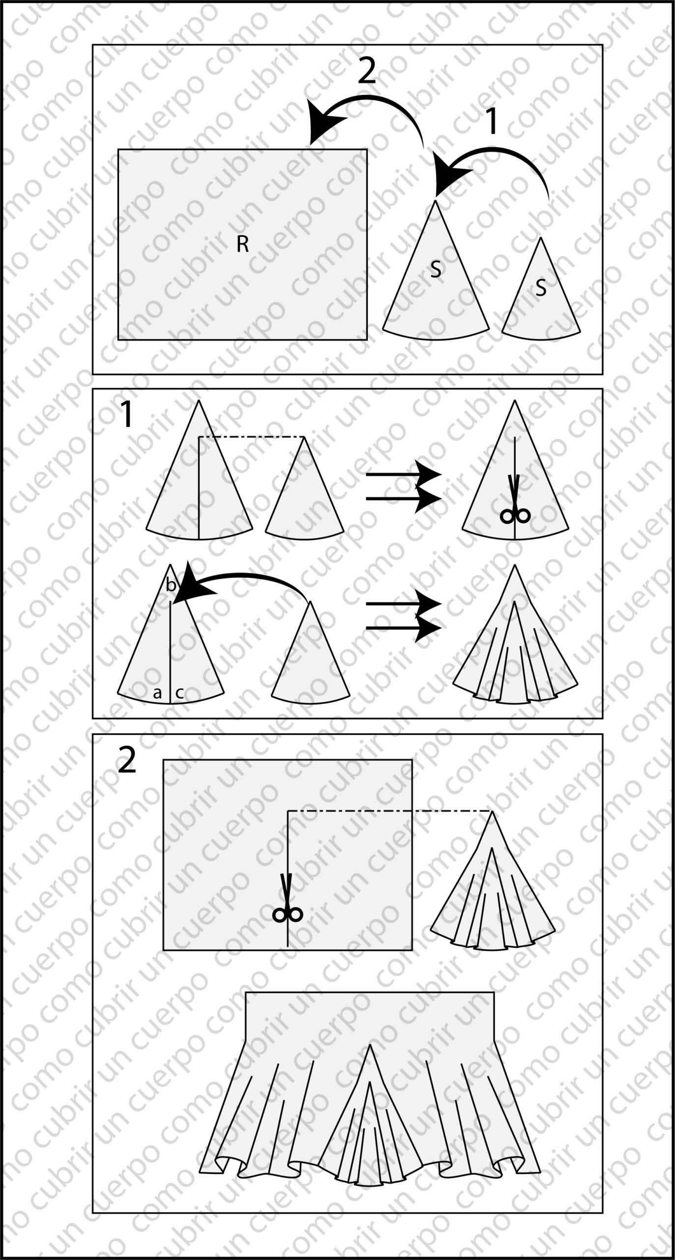 Ejemplo de anidamiento de sectores circulares dentro de una pieza rectangular en patronaje para generar volumen o vuelo