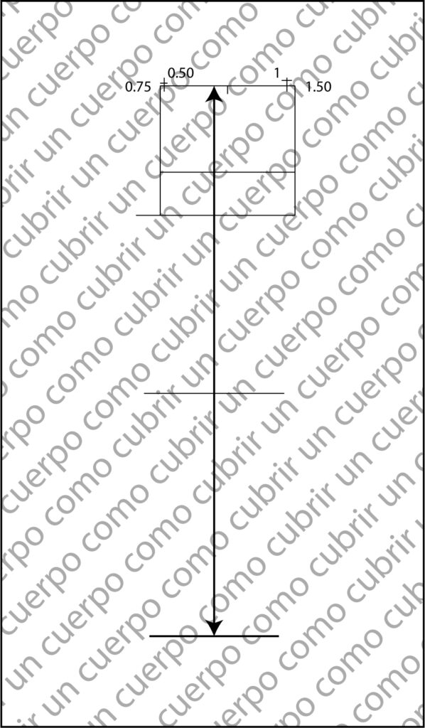 Esquema técnico del patrón base del pantalón clásico de caballero con las medidas aplicadas a rodilla, bajo y cadera a cada lado del recto hilo