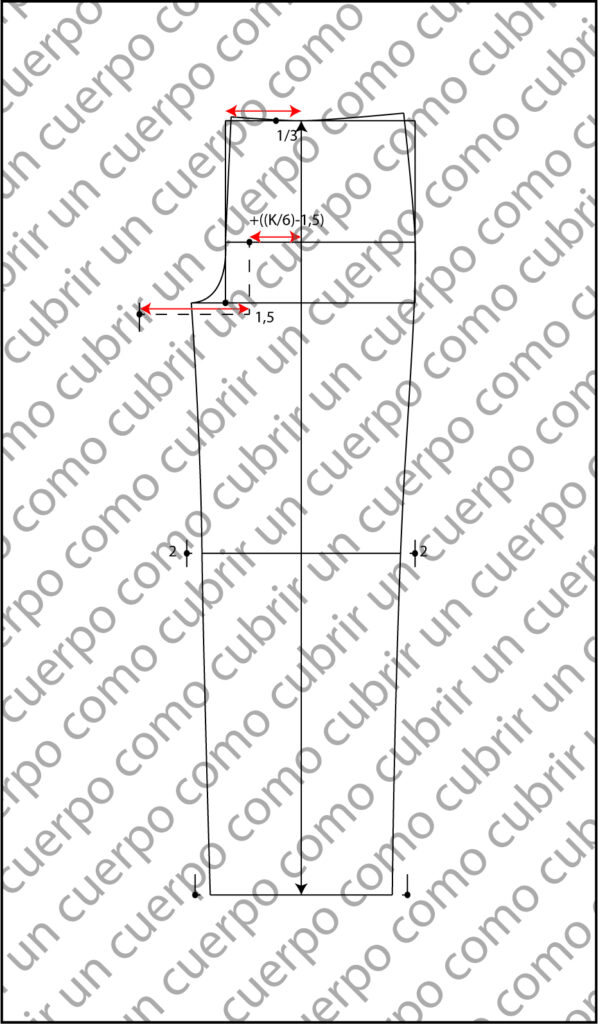 Esquema técnico del trazado inicial del patrón de detrás del pantalón clásico de caballero con medidas de cadera, entrepierna y holgura