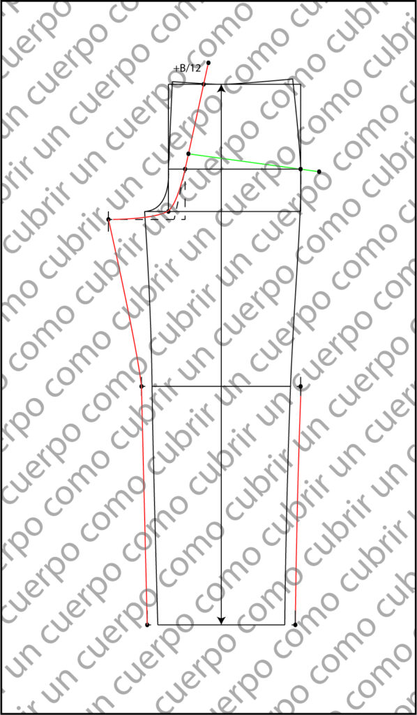 Esquema del patrón trasero del pantalón clásico de caballero con líneas de construcción en rojo y verde que muestran la unión de cotas de cintura y cadera