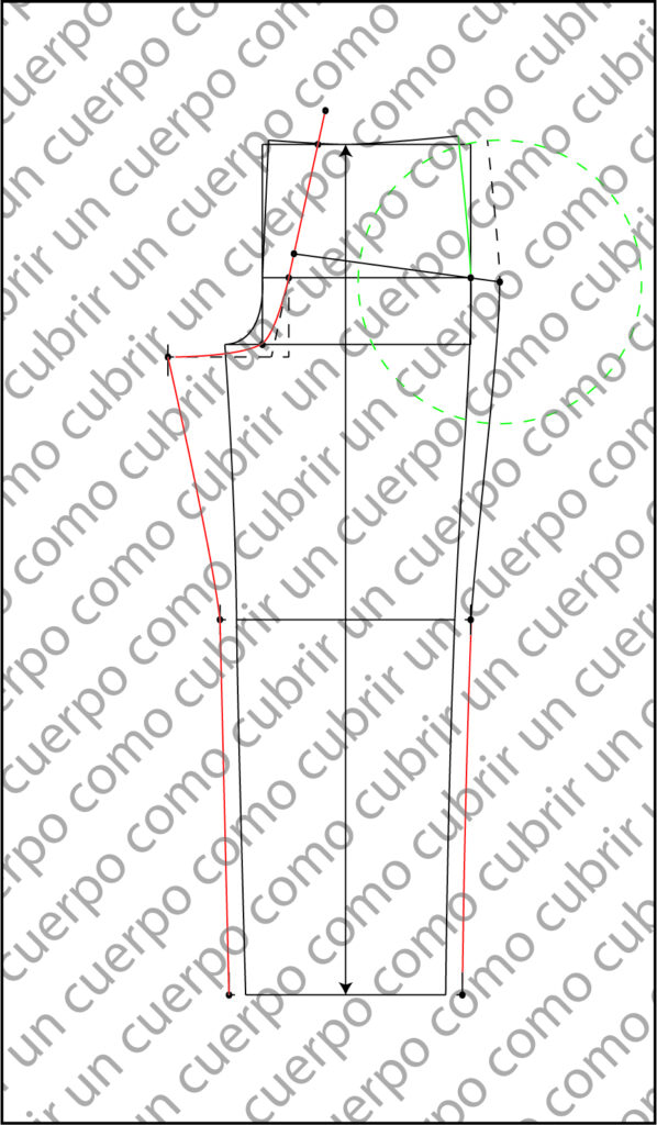 Esquema técnico del patrón trasero del pantalón clásico de caballero con la horquilla, la costura interior y la línea de cadera indicadas en color