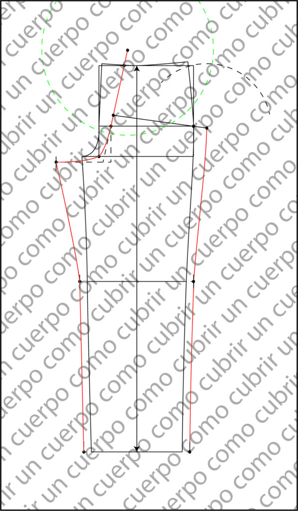 Esquema técnico del patrón trasero del pantalón clásico de caballero con el arco verde de referencia sobre la costura lateral