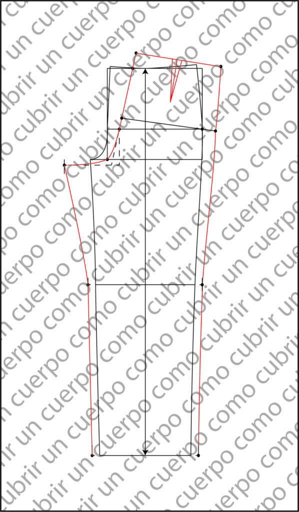 Esquema final del patrón base del pantalón clásico de caballero con la costura lateral posterior unida a la delantera y pinza trasera trazada