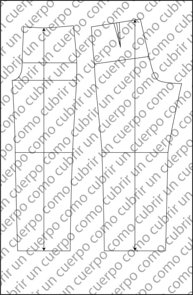 Vista completa del patrón base del pantalón clásico de caballero con las piezas del delantero y del detrás sin pinza delantera
