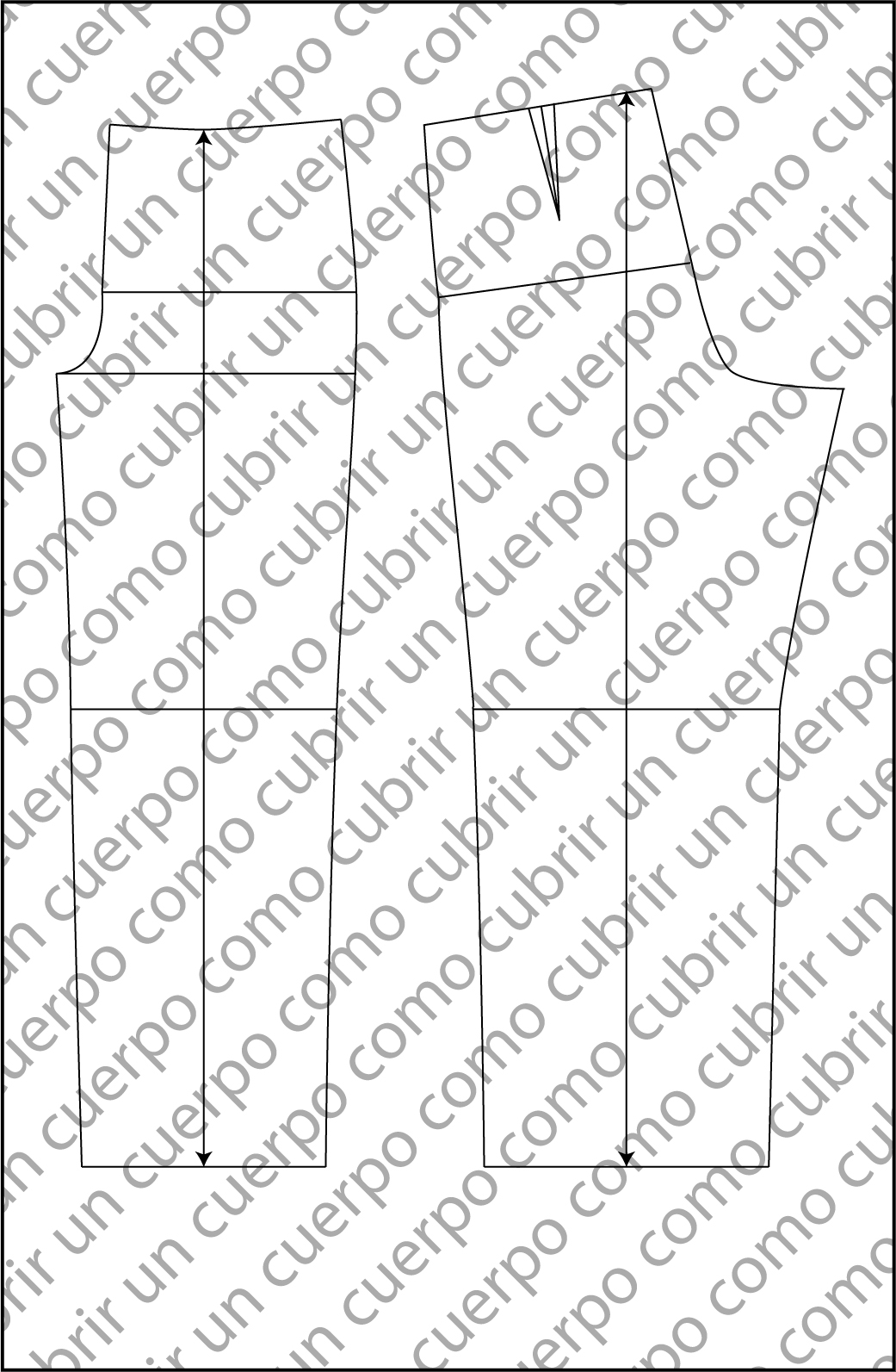 Vista completa del patrón base del pantalón clásico de caballero con las piezas del delantero y del detrás sin pinza delantera