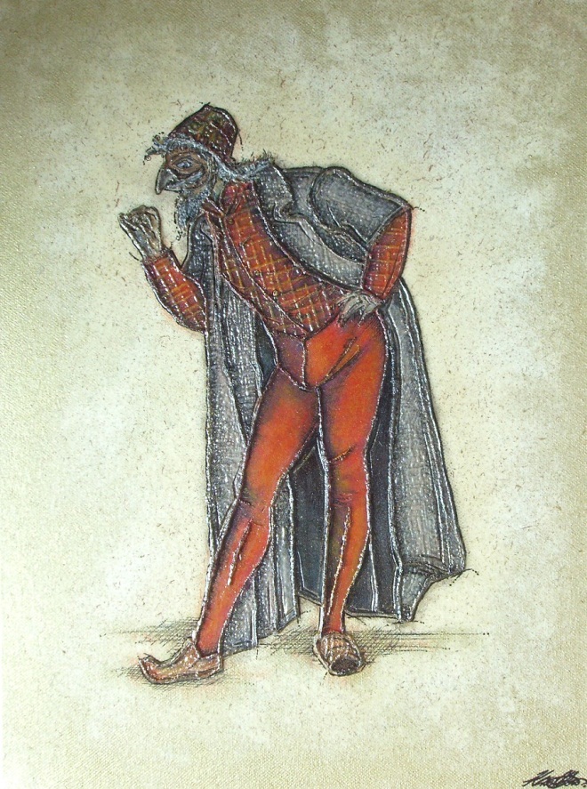 Pantalone, personaje veneciano de la Commedia dell’Arte con calzones largos rojos, origen etimológico del término “pantalón”