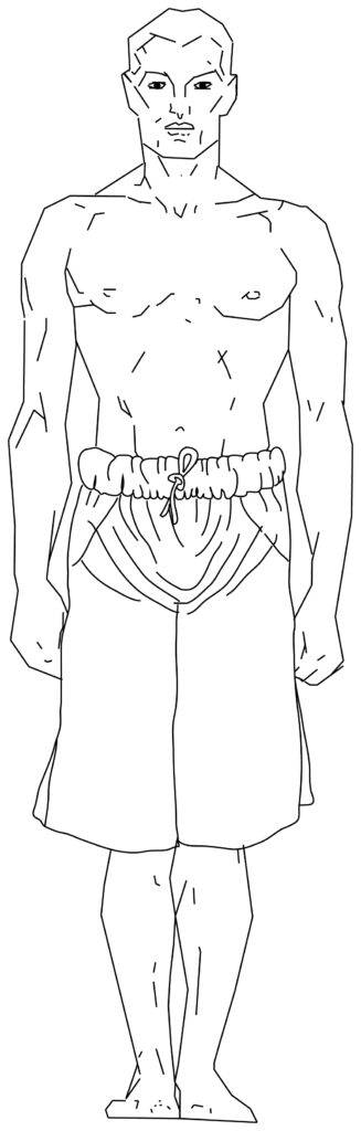 Dibujo anatómico de hombre con bragas medievales, antecesoras de las calzas y del pantalón moderno