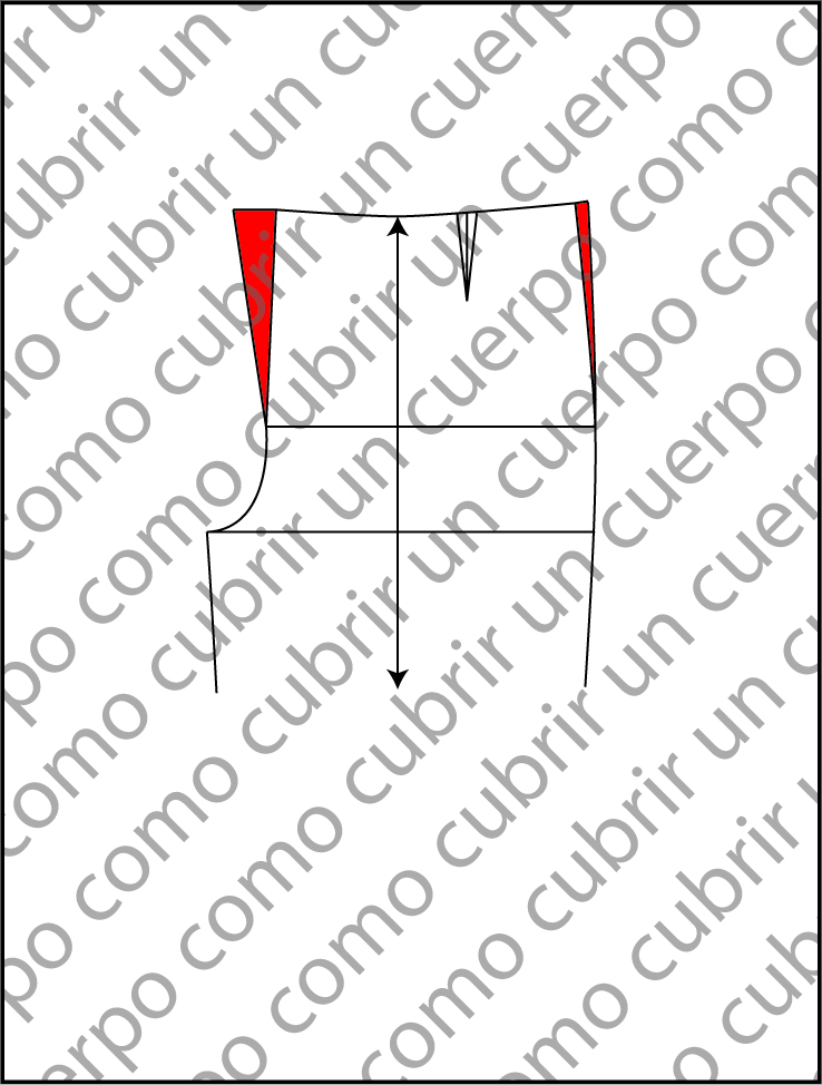 Esquema técnico del patrón delantero del pantalón clásico de caballero con suplemento triangular rojo que representa el ajuste por obesidad