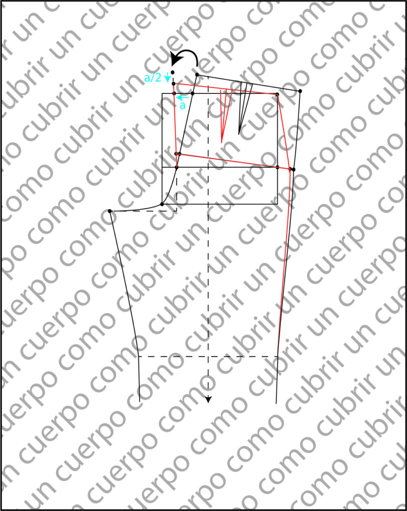 Esquema técnico del patrón trasero del pantalón clásico de caballero mostrando la basculación de la costura de fondo y el ajuste de cadera