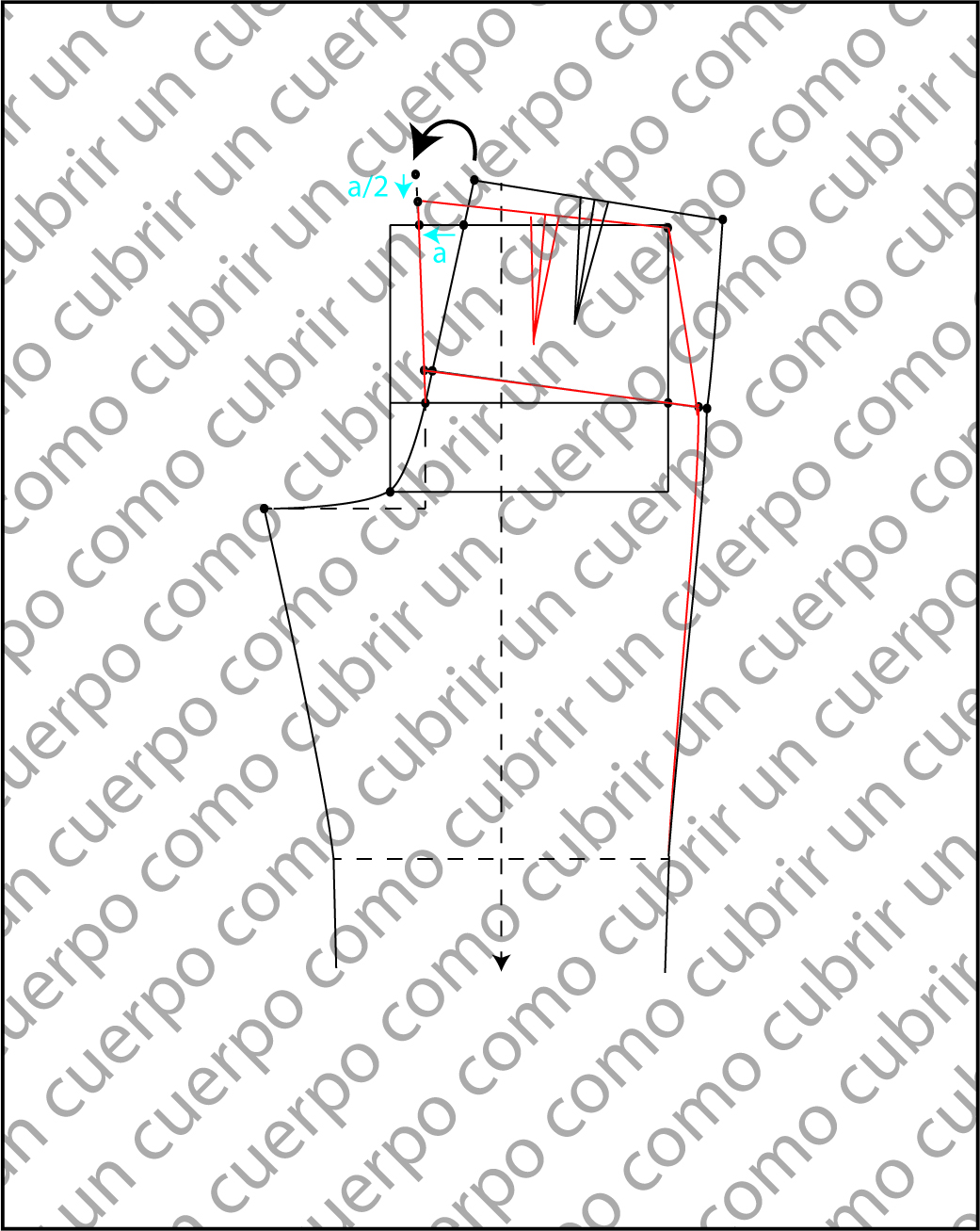 Esquema técnico del patrón trasero del pantalón clásico de caballero mostrando la basculación de la costura de fondo y el ajuste de cadera