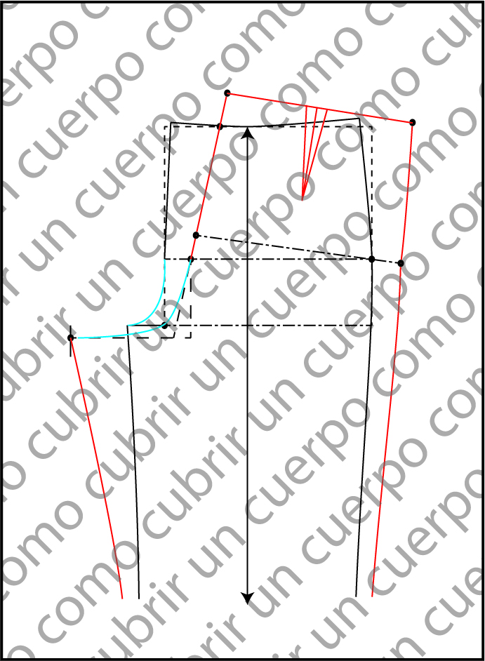 Esquema técnico de la plancha del pantalón clásico con las partes delantera y trasera unidas por la horquilla en color azul