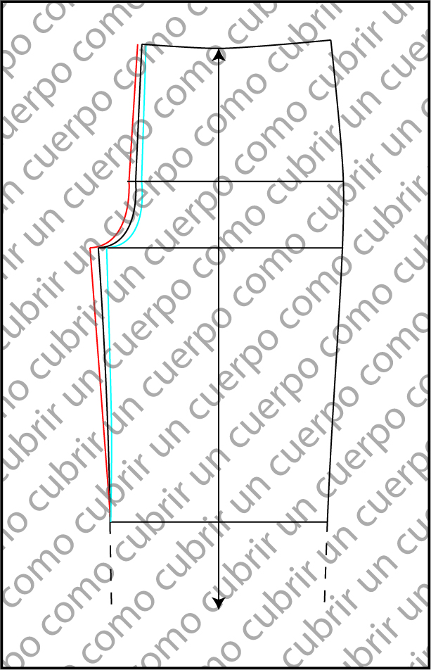 Esquema técnico del patrón delantero del pantalón clásico mostrando el trazado asimétrico del puñal con el lado fuerte en rojo y el lado débil en azul