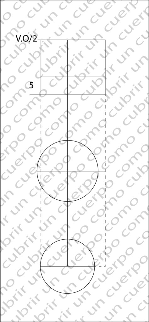 Esquema del delantero del pantalón con prolongación de la entrepierna, valor de obesidad y colocación de rodilla y bajo