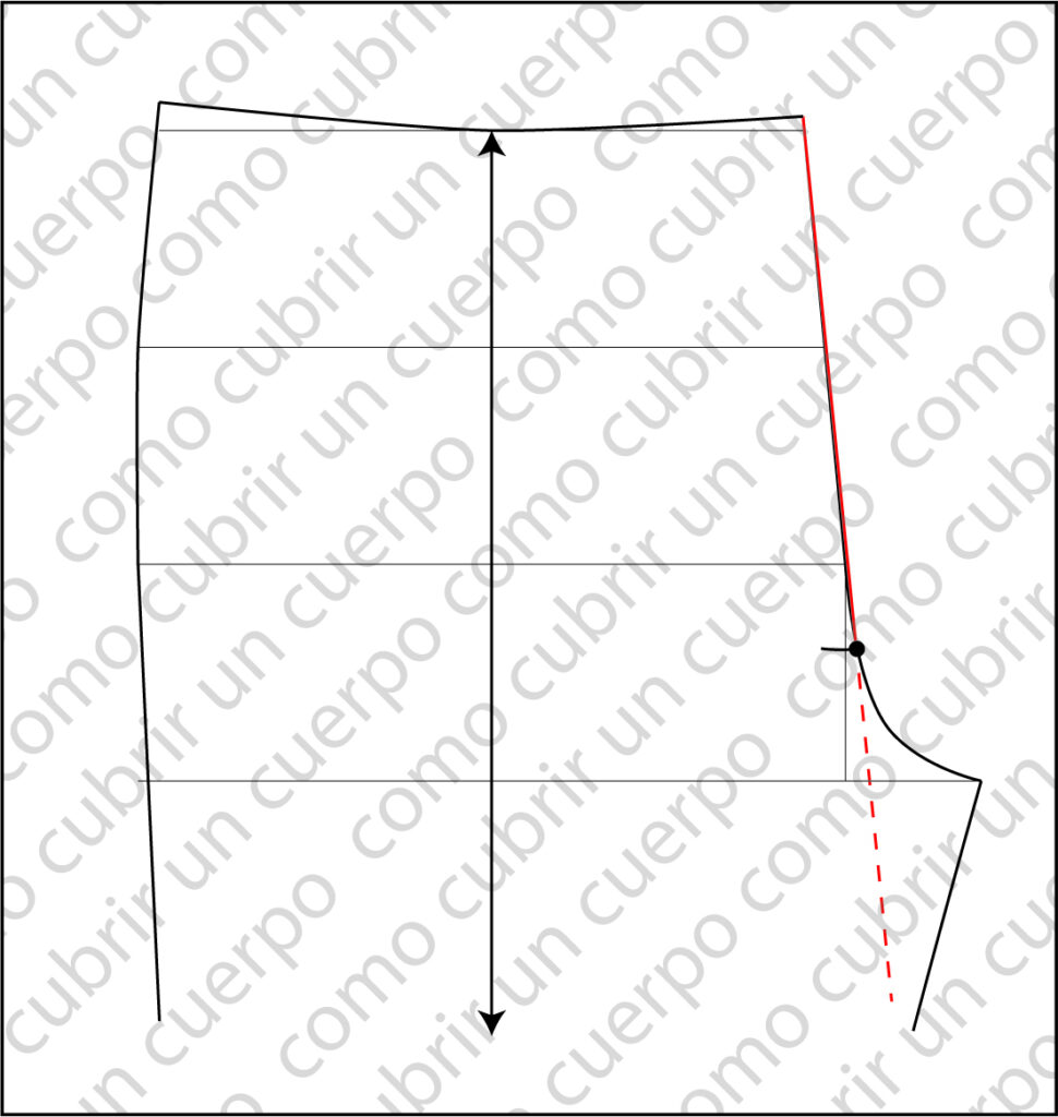 Patrón del delantero de un pantalón con línea roja que indica el largo de la bragueta y punto negro de referencia donde las líneas divergen