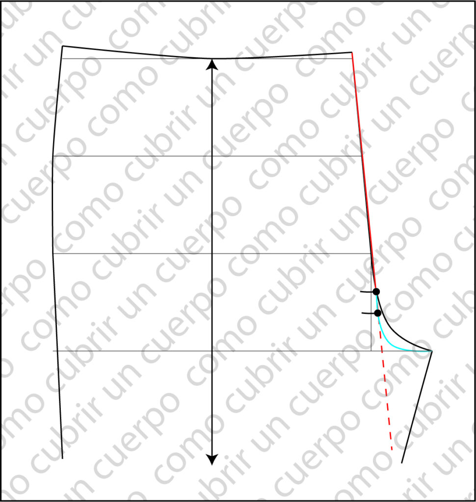 Patrón del delantero del pantalón con línea roja de la bragueta, punto negro de piquete desplazado hacia abajo y curva azul que muestra el retoque de la punta de la horquilla