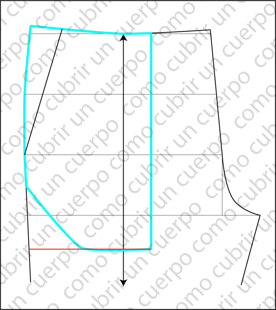 Patrón del delantero del pantalón con fondo de bolsillo marcado en color azul y línea inferior roja