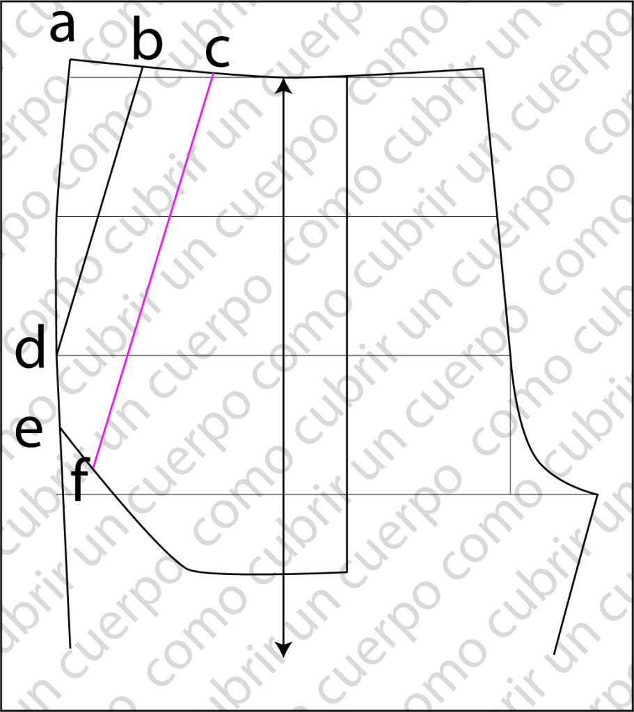 Patrón del delantero con línea rosa que indica la vista del bolsillo y letras guía para el despiece