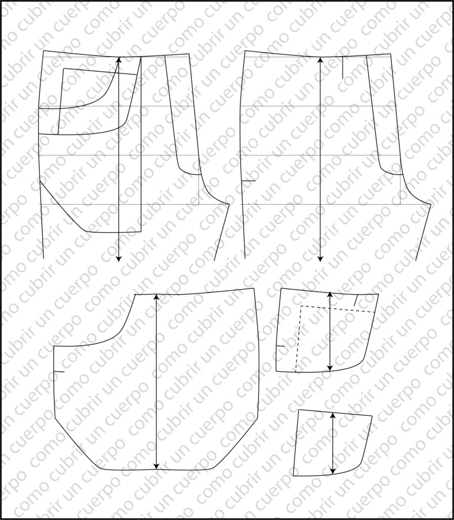 Conjunto de patrones de bolsillos delanteros y traseros de pantalón, incluyendo variantes de jeans y bermudas