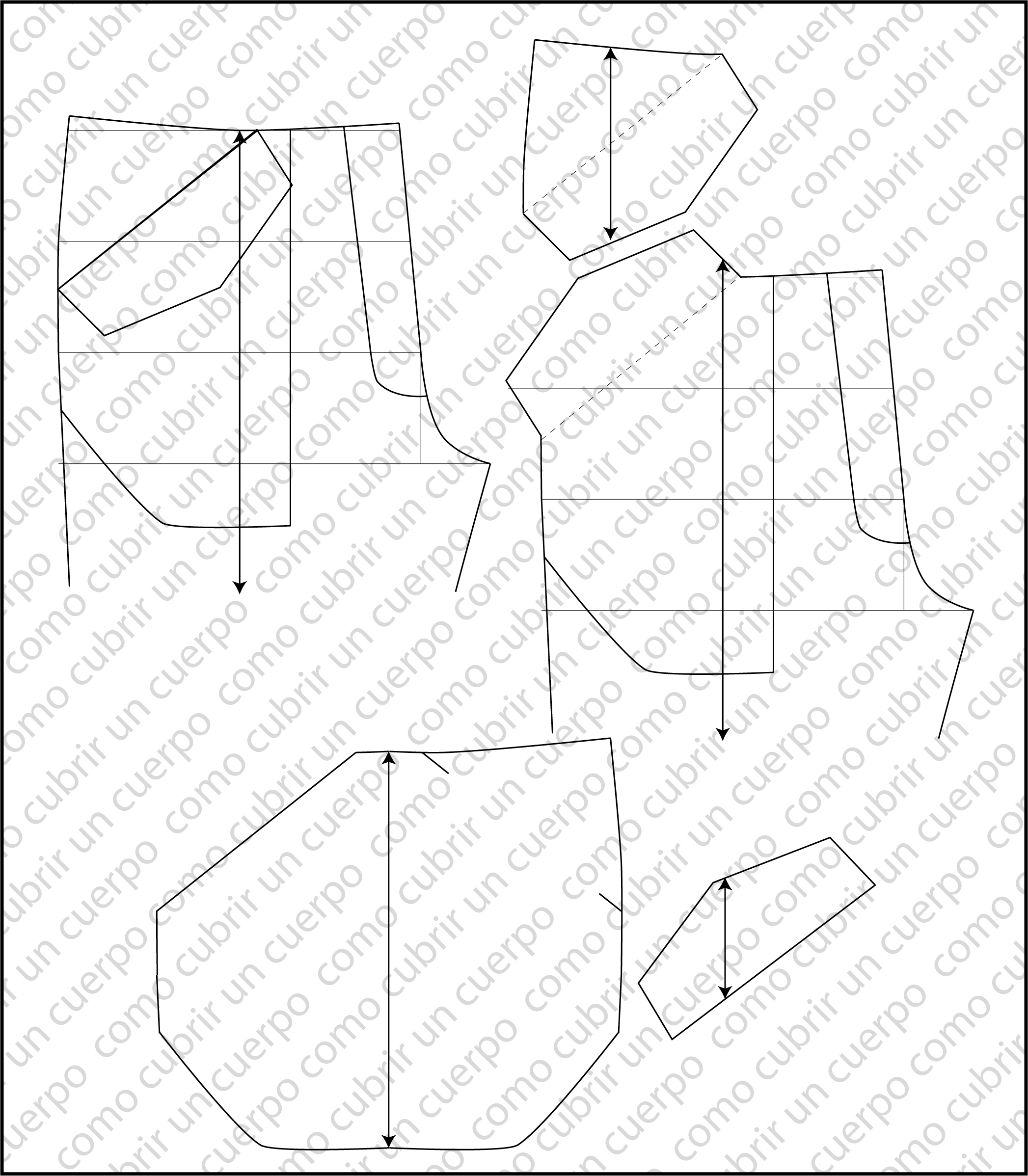 Patrones de pantalones y bermudas con bolsillos delanteros, traseros y diagonales en diferentes posiciones y tamaños