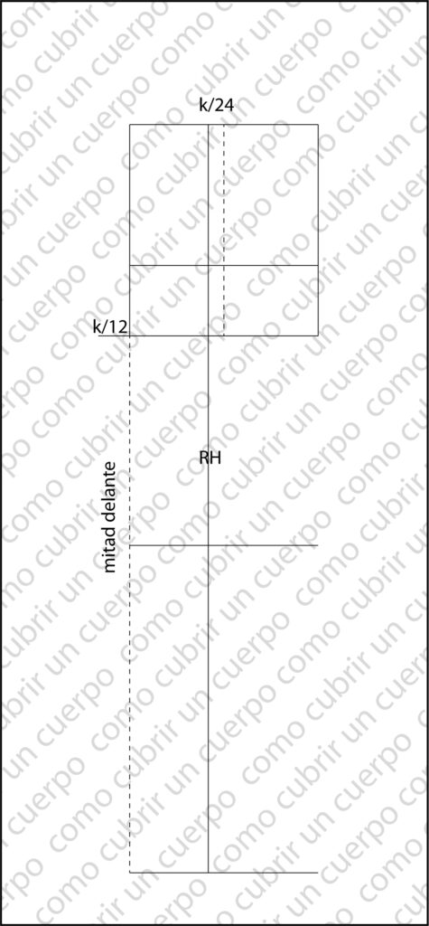 Esquema del patrón base del pantalón infantil mostrando el desplazamiento del eje central K/24 hacia la mitad delante y la prolongación de la línea de entrepierna K/12