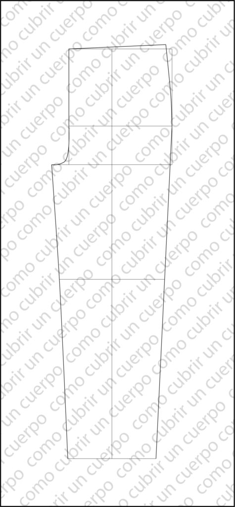 Esquema técnico del patrón base del pantalón infantil mostrando la línea de la horquilla delantera desde su punta hasta la línea de cadera, sin re-pinzamiento en la mitad delante