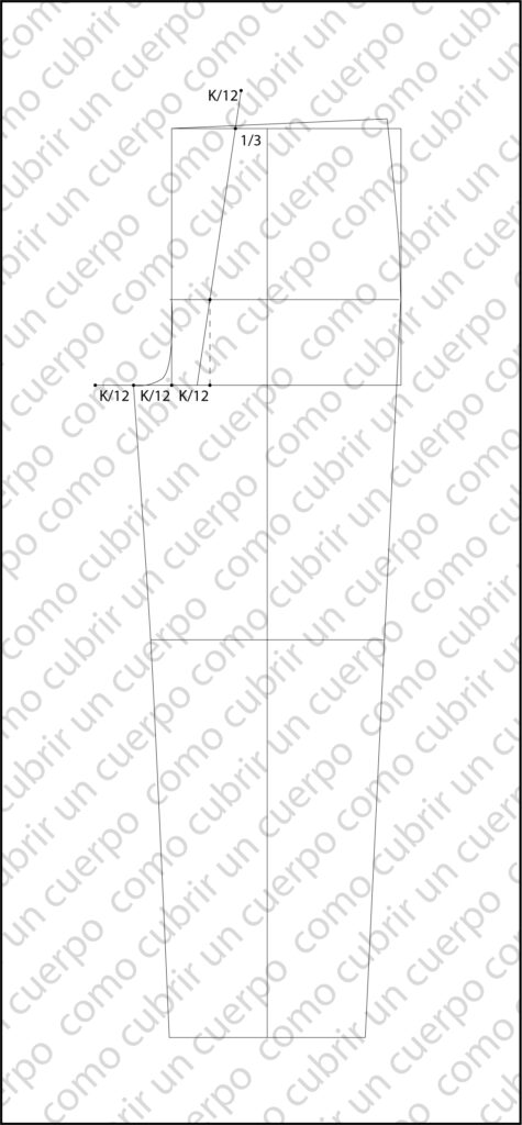 Esquema del patrón base del pantalón infantil mostrando el trazado de la hoja trasera, con la prolongación y compensación de la horquilla delantera y la definición de la costura de fondo
