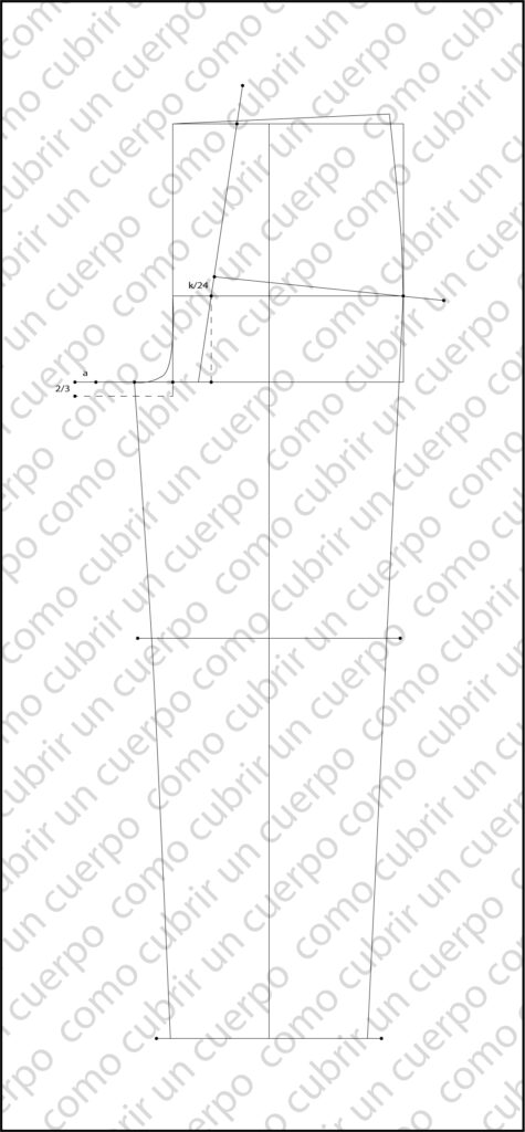 Dibujo técnico del patrón base infantil que muestra el aumento y descenso de la horquilla según la holgura y la inclinación de la línea de cadera posterior con referencia a K/24