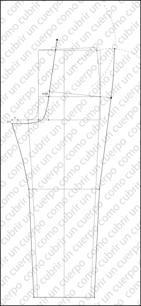 Esquema técnico del patrón infantil que muestra el trazado del arco de cintura posterior tomando como radio la porción de la costura lateral del delantero entre cintura y cadera