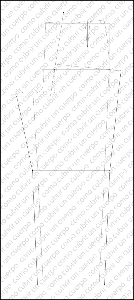 Desarrollo de la hoja trasera del pantalón clásico de mujer con costura de fondo, holgura y corrección de pernera