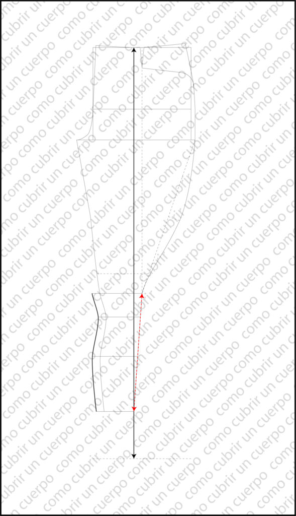 inicio del trazado de la espinillera del pantalón de equitación con línea roja de referencia