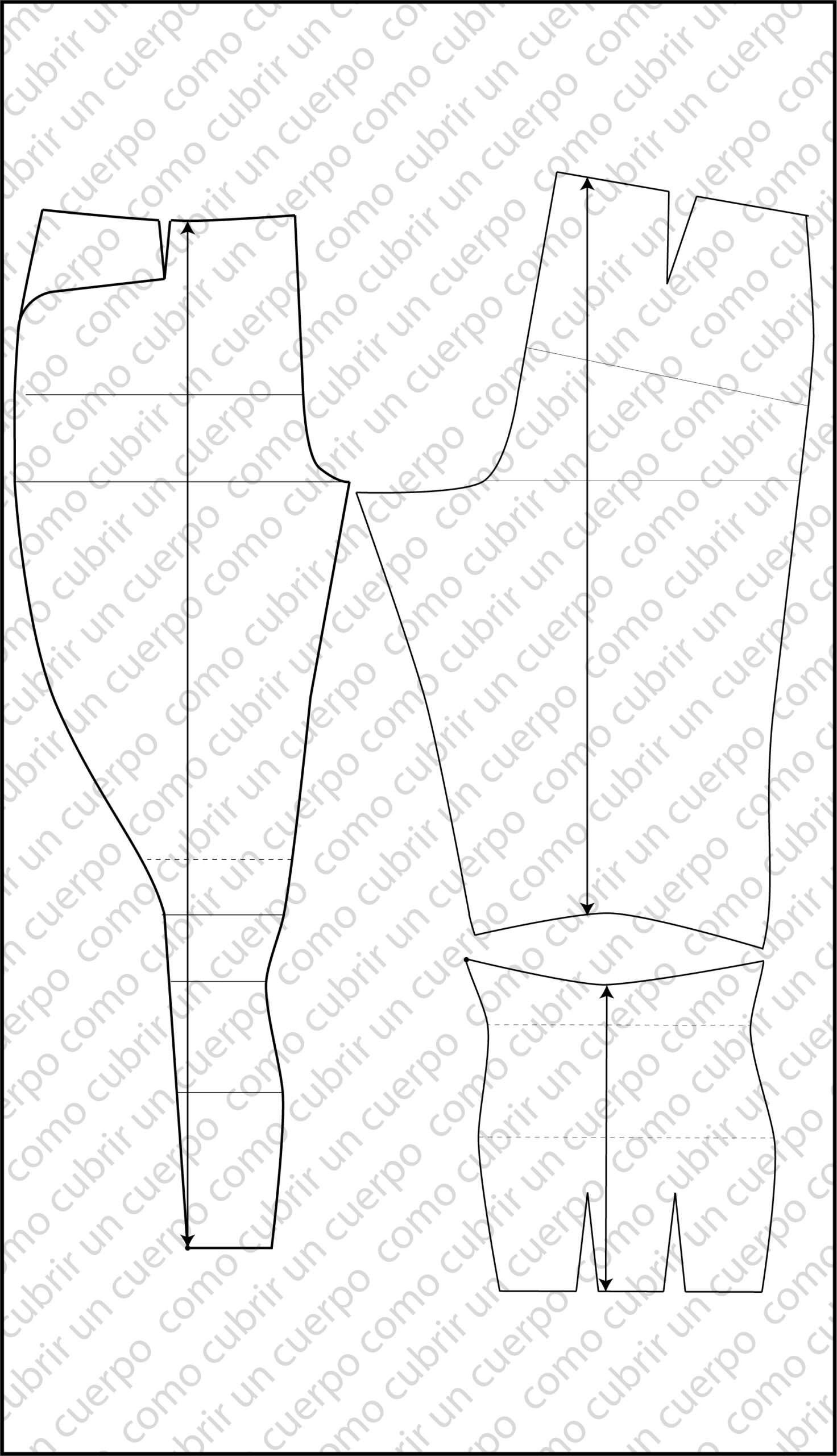 piezas completas del pantalón de equitación con delantero, trasero y espinillera