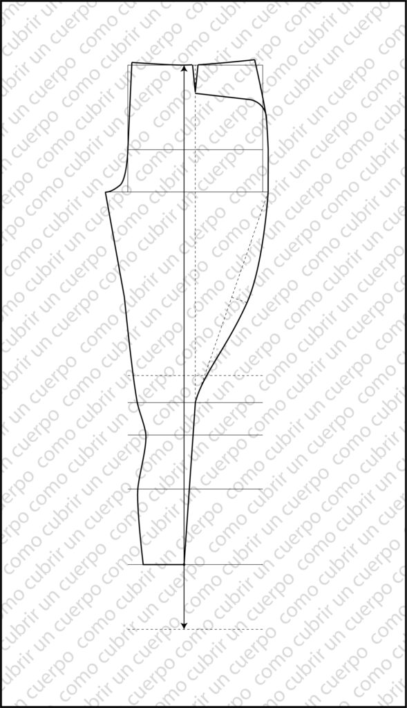 delantero final del pantalón de equitación con líneas de referencia y costuras definitivas
