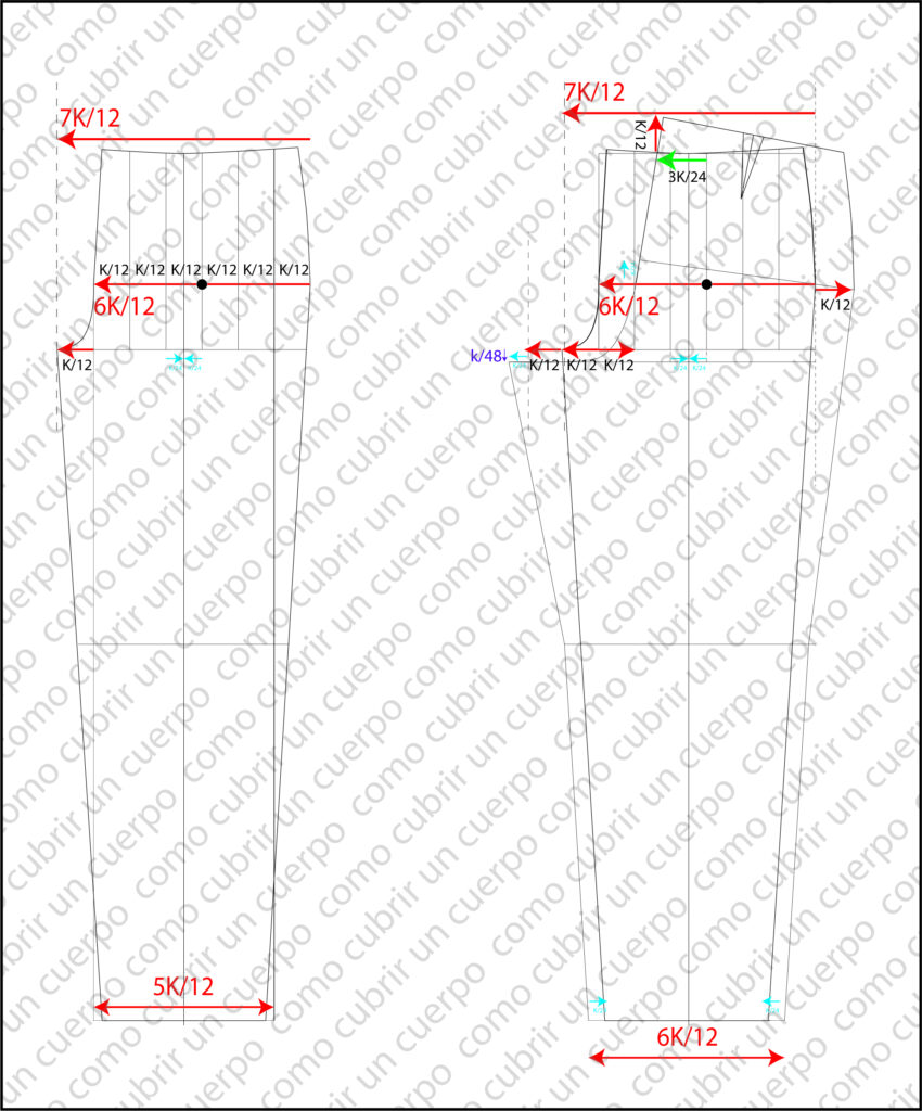 Esquema técnico del trazado de pantalón clásico proporcional válido para todas las tallas y conformaciones de los niños