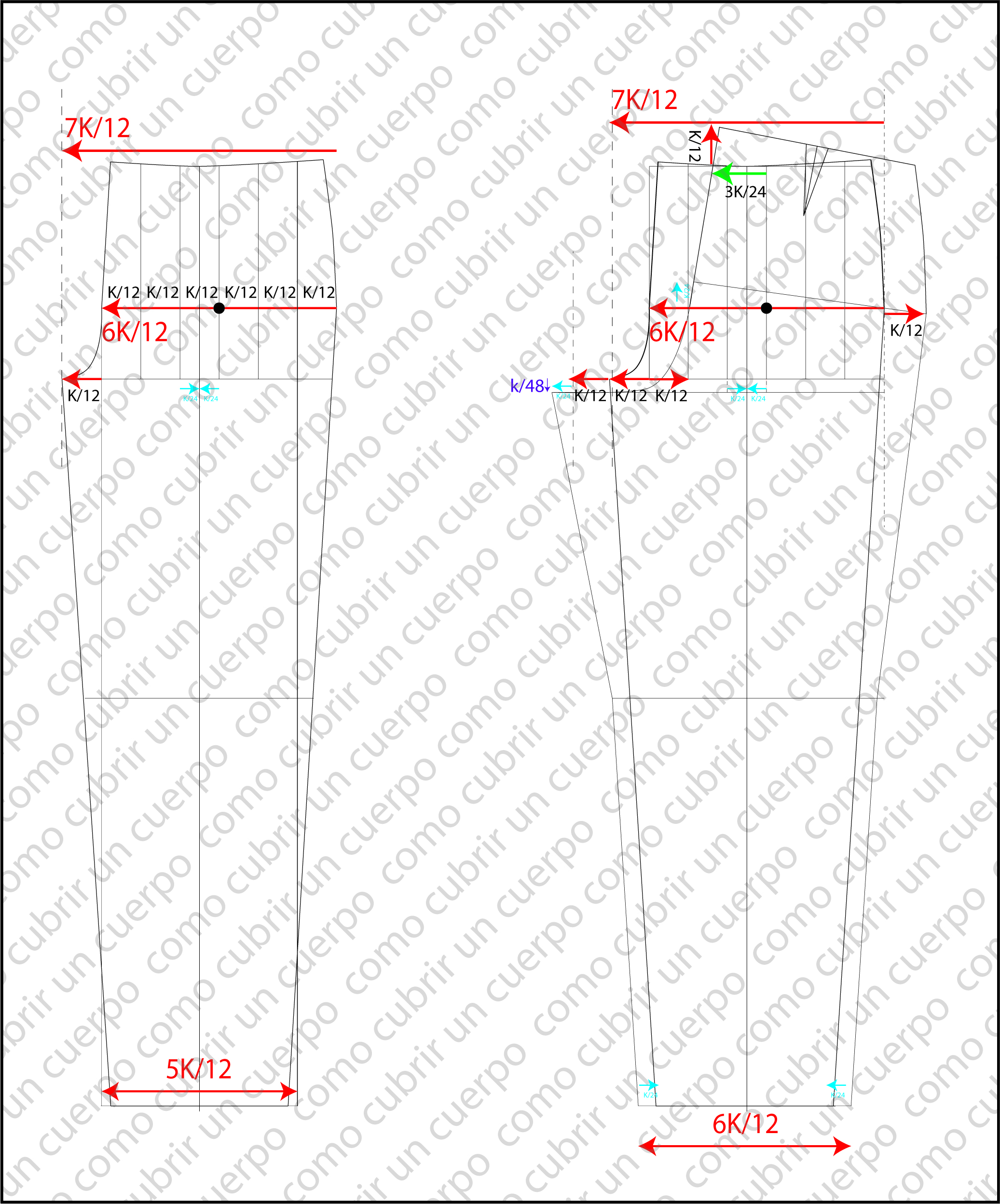 Esquema técnico del trazado de pantalón clásico proporcional válido para todas las tallas y conformaciones de los niños