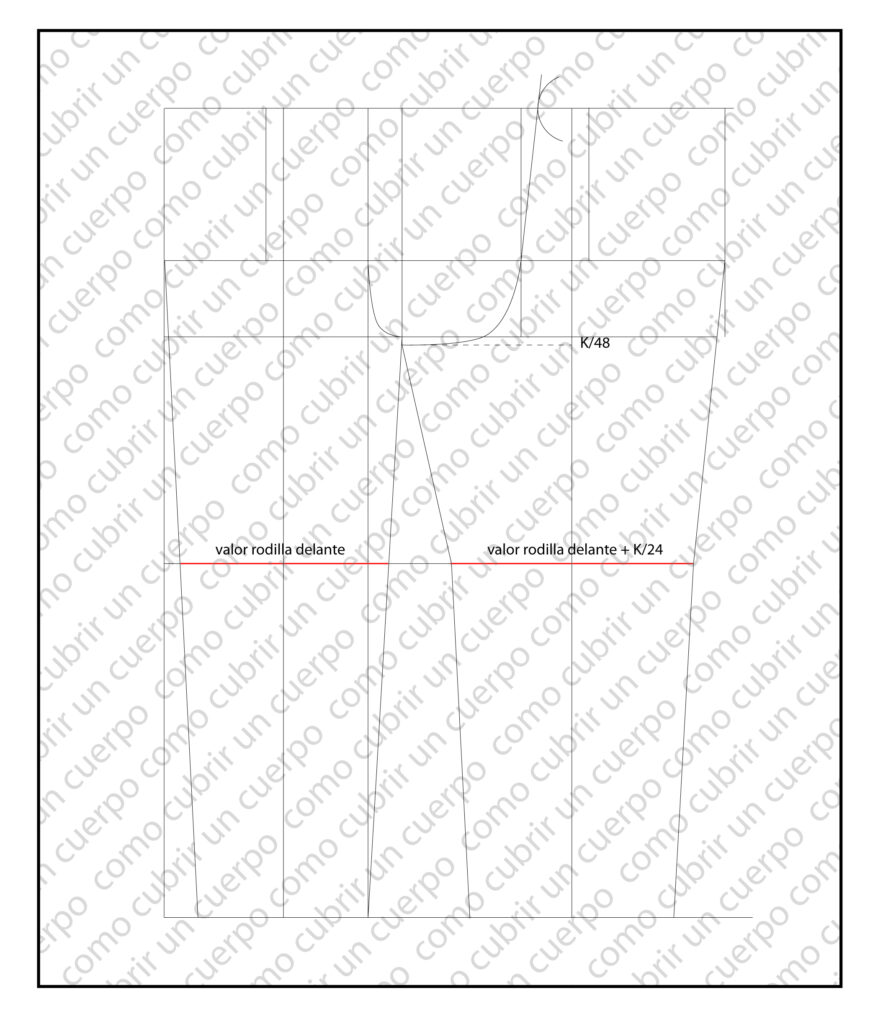 Detalle del trazado del delantero del pantalón infantil con líneas de horquilla y entrepierna