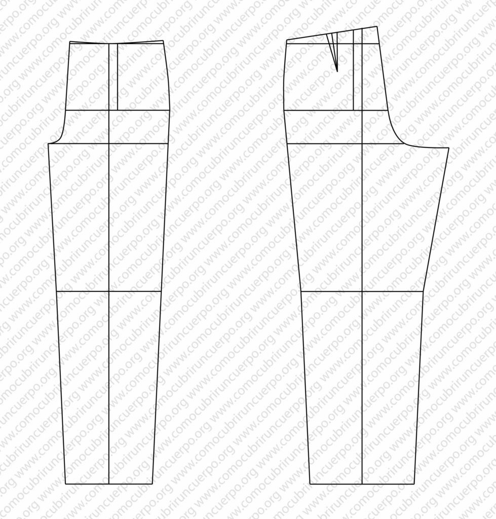Patrón base del pantalón clásico de caballero talla 48/40 Drop -8 con las líneas de referencia de cadera, rodilla y entrepierna
