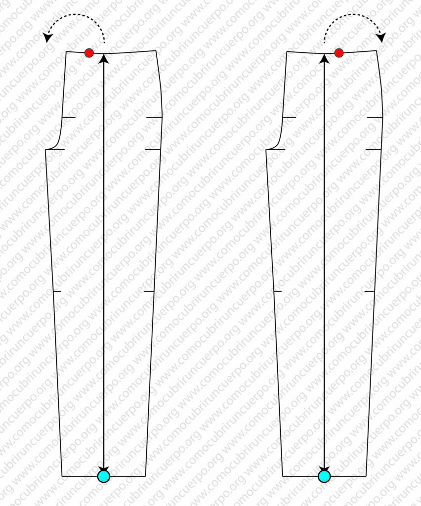 Patrón del pantalón clásico con línea DH marcada y puntos de pivote para la apertura de pliegues, mostrando piquetes de referencia