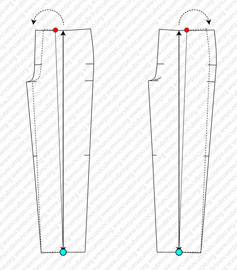 Patrón del pantalón clásico mostrando el pivotaje del delantero para abrir pliegues con puntos de pivote y profundidad marcada.