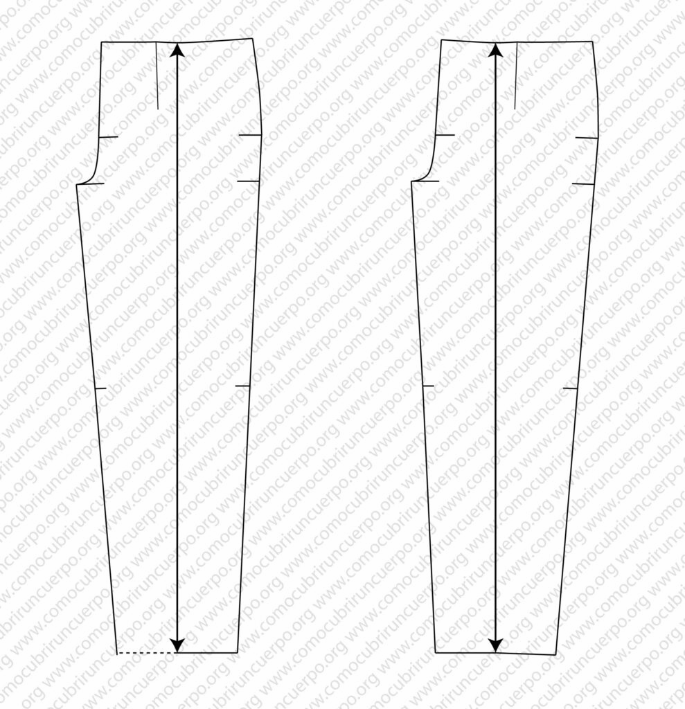 Patrón del pantalón clásico con los pliegues ya abiertos, mostrando el resultado final del proceso de pivotaje