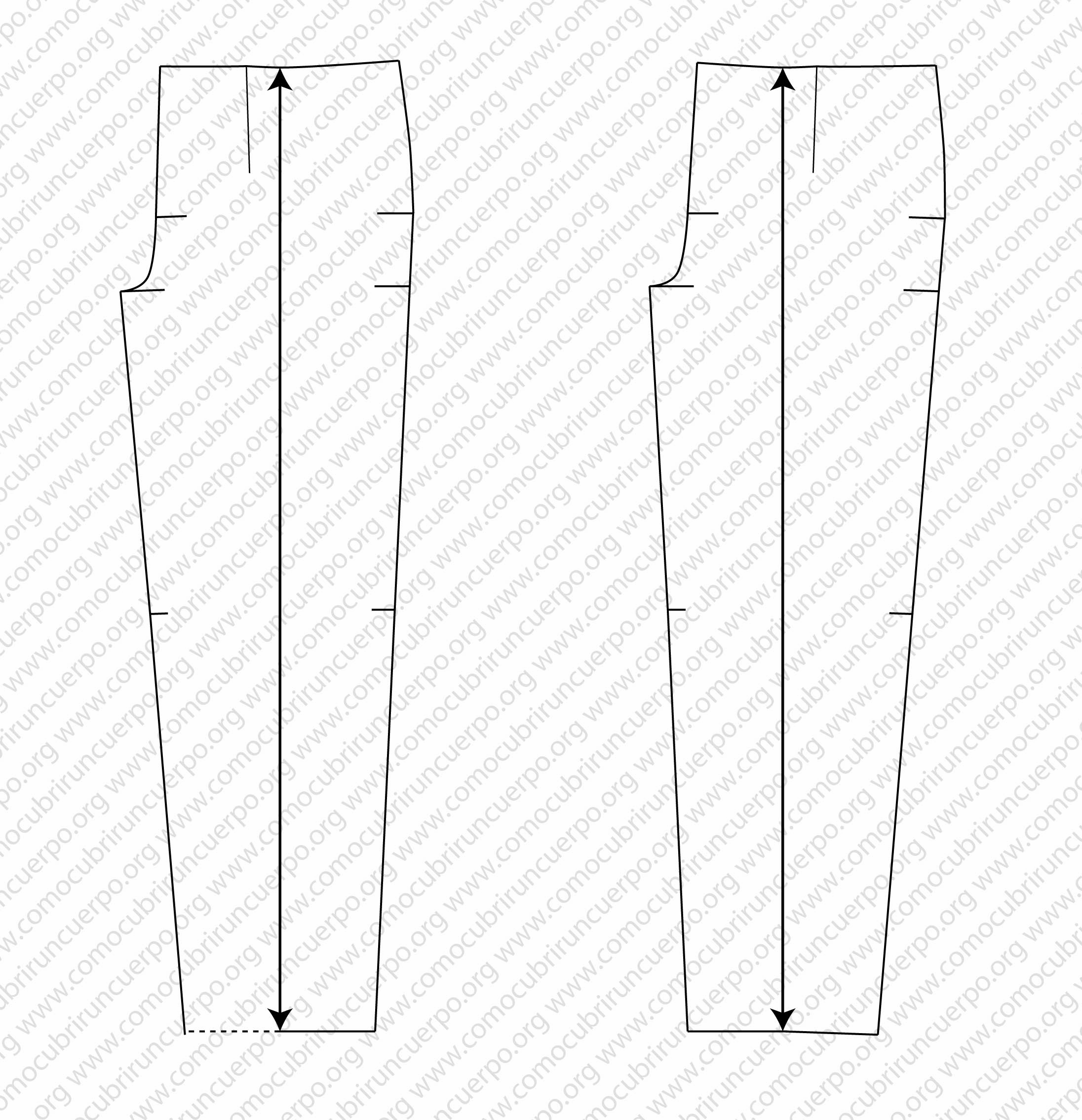 Patrón del pantalón clásico con los pliegues ya abiertos, mostrando el resultado final del proceso de pivotaje