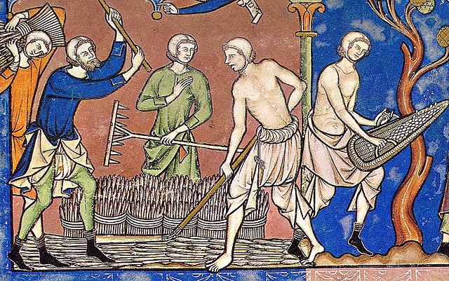 Miniatura medieval con campesinos vistiendo bragas medievales, Biblia de Maciejowski, siglo XIII