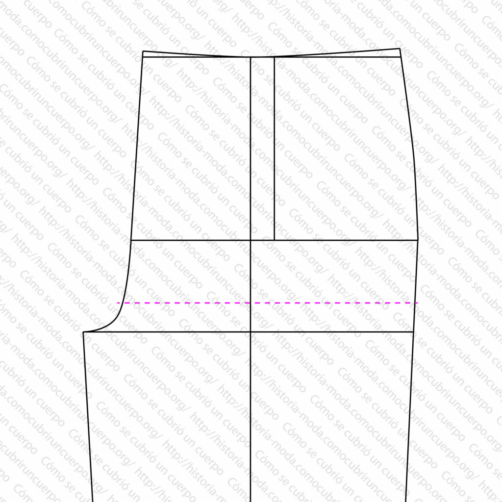 Diagrama del delantero del pantalón con gran puente con línea de nivel en rojo