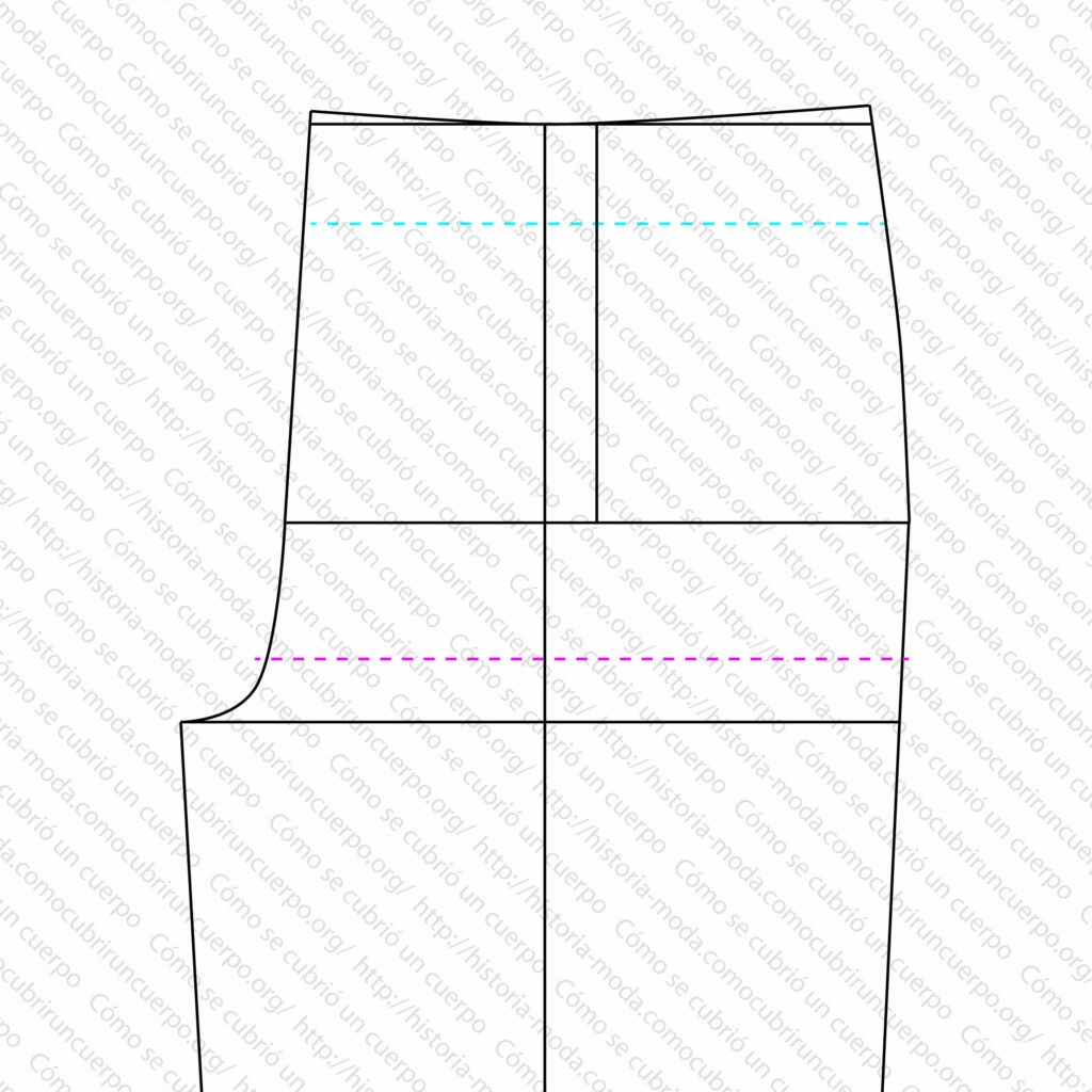 Diagrama del pantalón con gran puente mostrando la línea azul del cinturón y la forma del debajo-puente